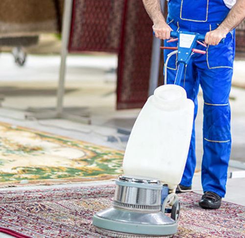 A professional cleaning a rug